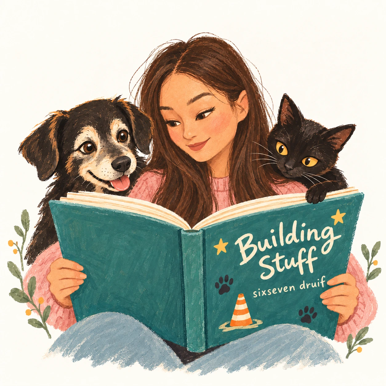 Joy reads Building Stuff: sixseven druif, with Rocky the dog and Gekko the black cat nestled beside her.